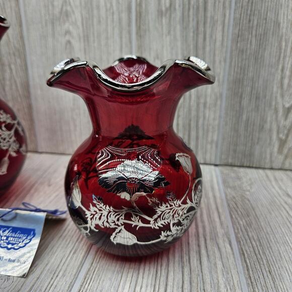 Silver City Glass Co Flanders Poppy Sterling On Red Crystal Pitcher & Vase - Picture 4 of 16